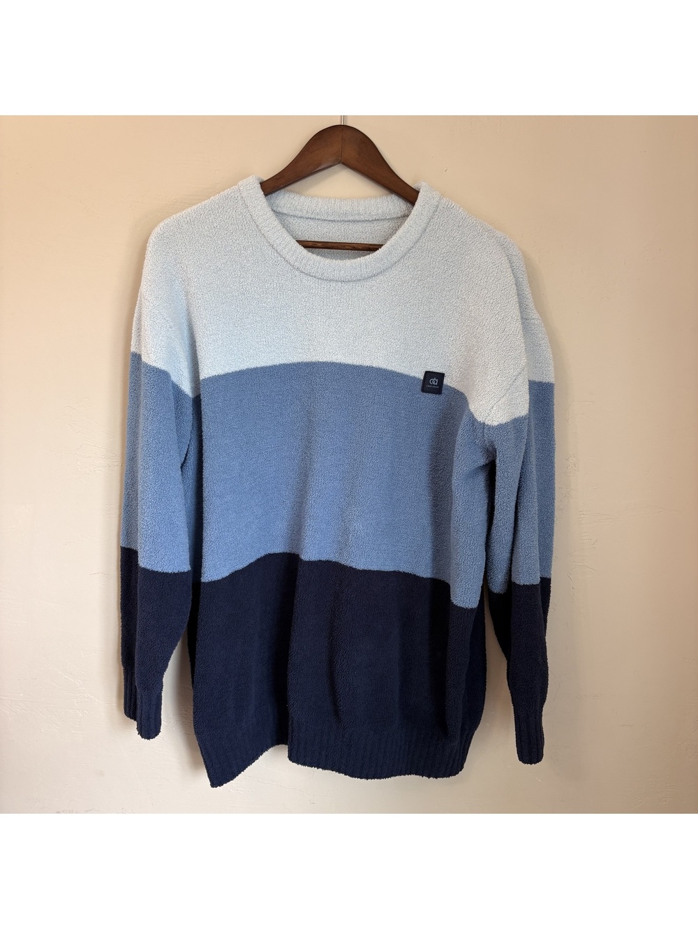 David Archy Plush Color Block Crewneck Sweater - Blue - Size Medium